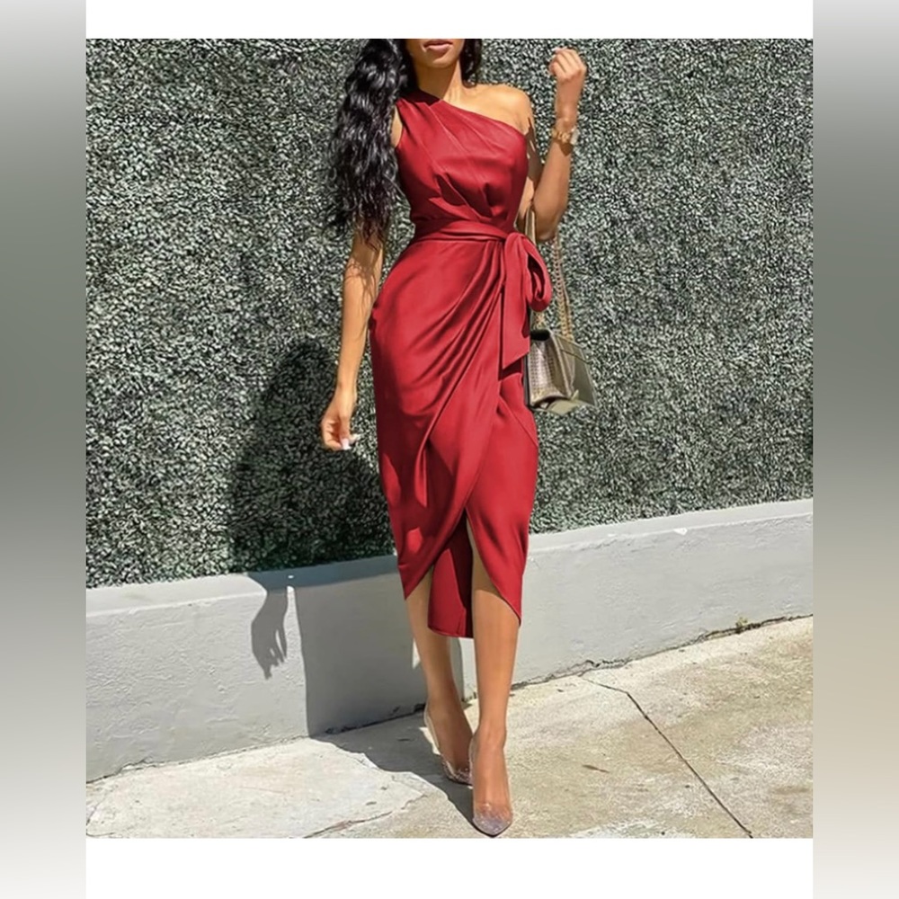 Worn once XL Pretty Garden One shoulder red satin midi cocktail dress